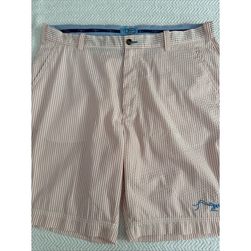 Mens SZ 40 Pink/White Striped Seersucker Flat Front Shorts True Flies NWOT